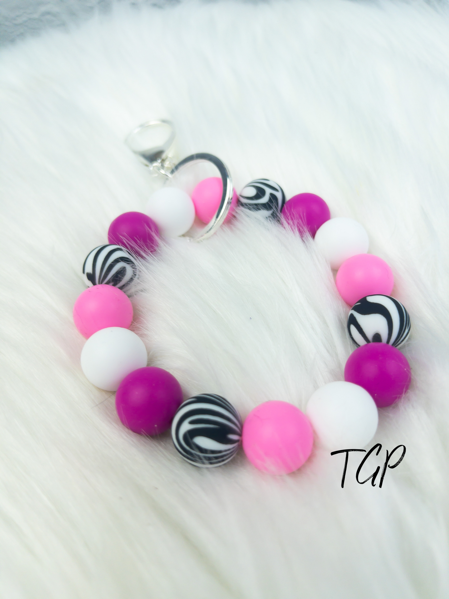 Pink Zebra Beaded Bracelet Keychain